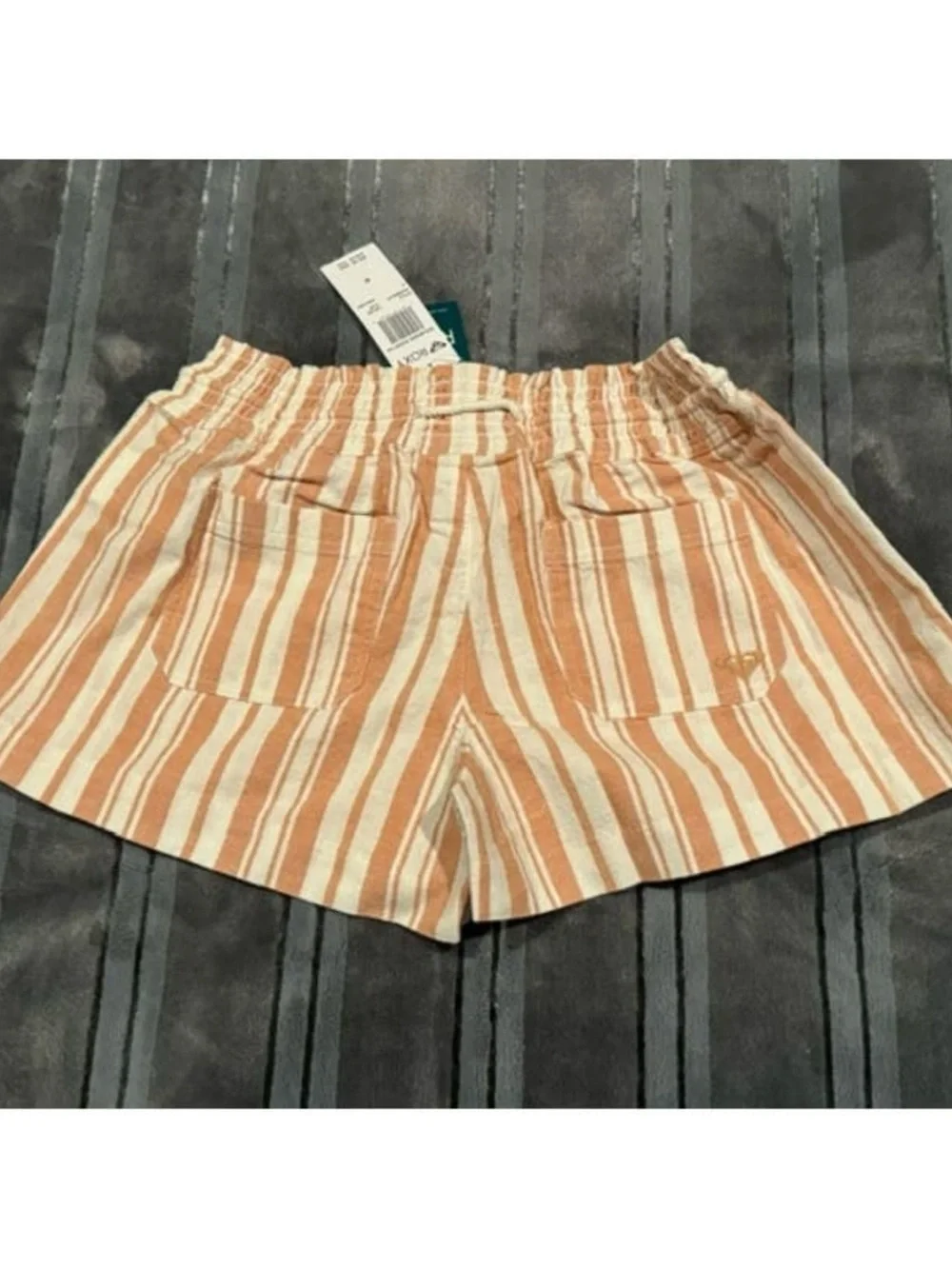 Roxy High-Waist Stripe Drawstring Shorts — Peach & White